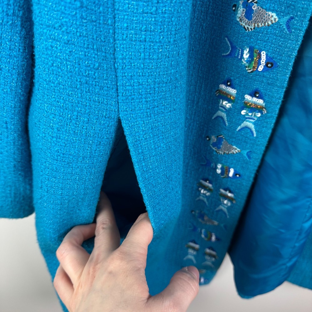 Talbots Fish Beaded Embellished Tweed Jacket Size 18W Blue Open Front Preppy - Picture 3 of 9
